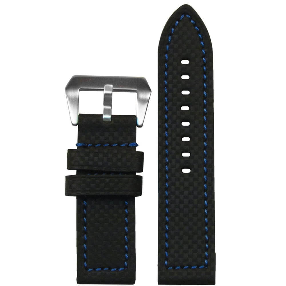 Carbon Fiber Style Watch Band | Flat | Coramid | Black | Blue Stitch