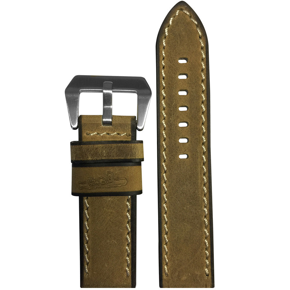 Vintage Leather "Submarine" Watch Band | Golden-Brown | White Stitch