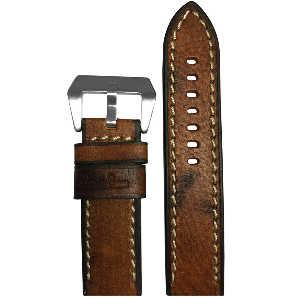 Vintage Leather "Submarine" Watch Band | Brown Burnt | White Stitch