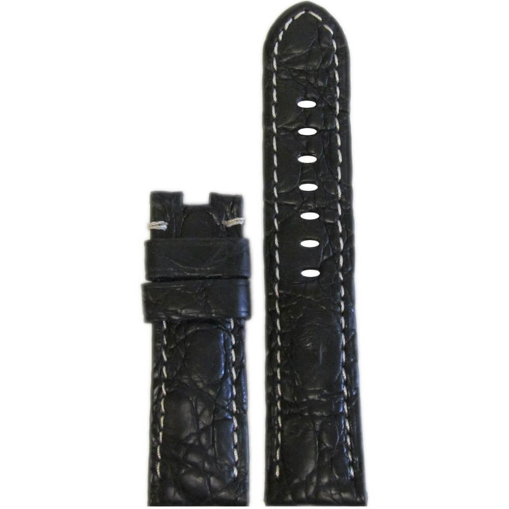 Genuine Crocodile Watch Band | Black | White Stitch | For Panerai Deploy