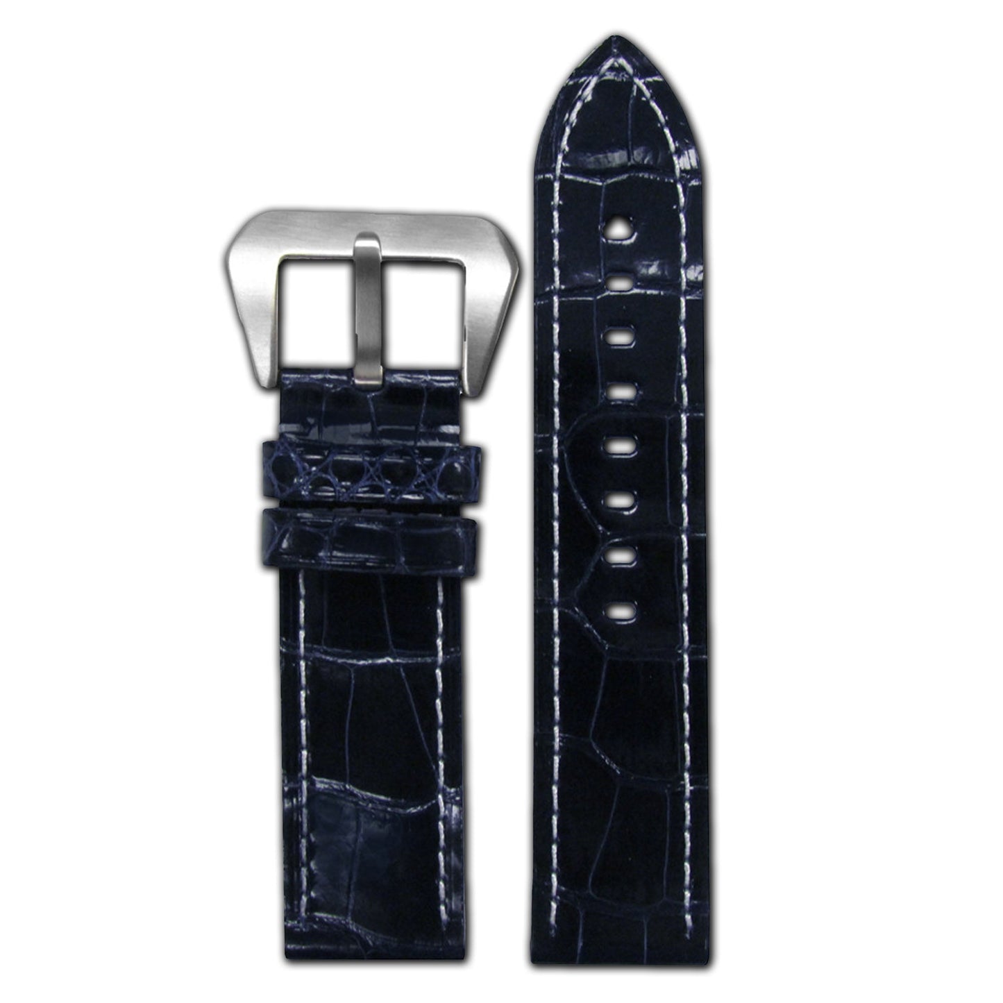 Alligator Skin Watch Band | Glossy Finish | Flat | Darkest Blue | White Stitch