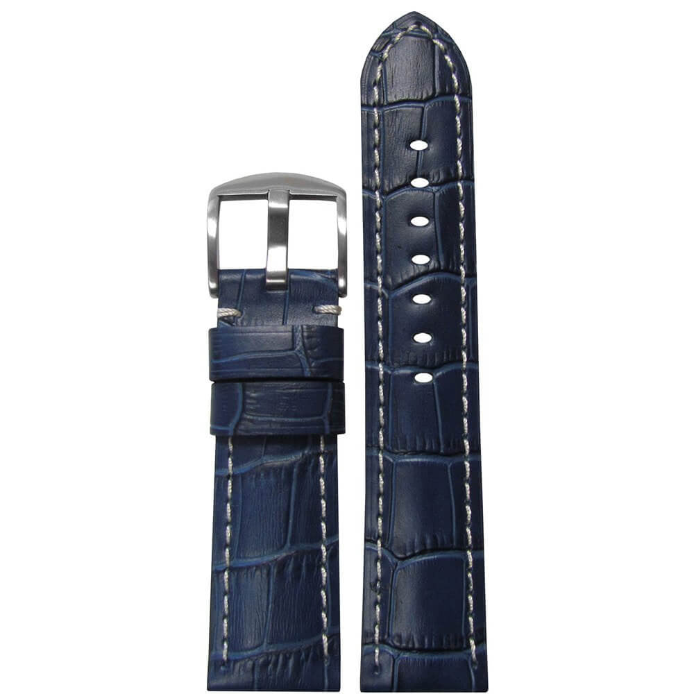 Embossed Leather Gator Print Watch Band | Padded | Blue | White Stitch (Yellow Lining)
