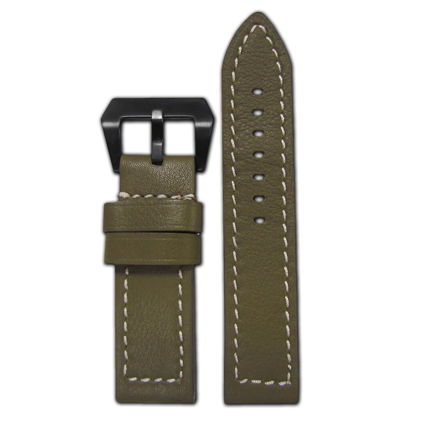 Vintage Soft Calf Leather Watch Band | Flat | Olive | White Stitch | PVD Buckle