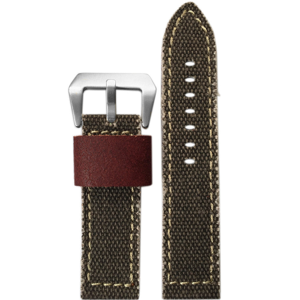 Vintage Canvas Watch Band | Military Style | Brown | Contrast Stitch