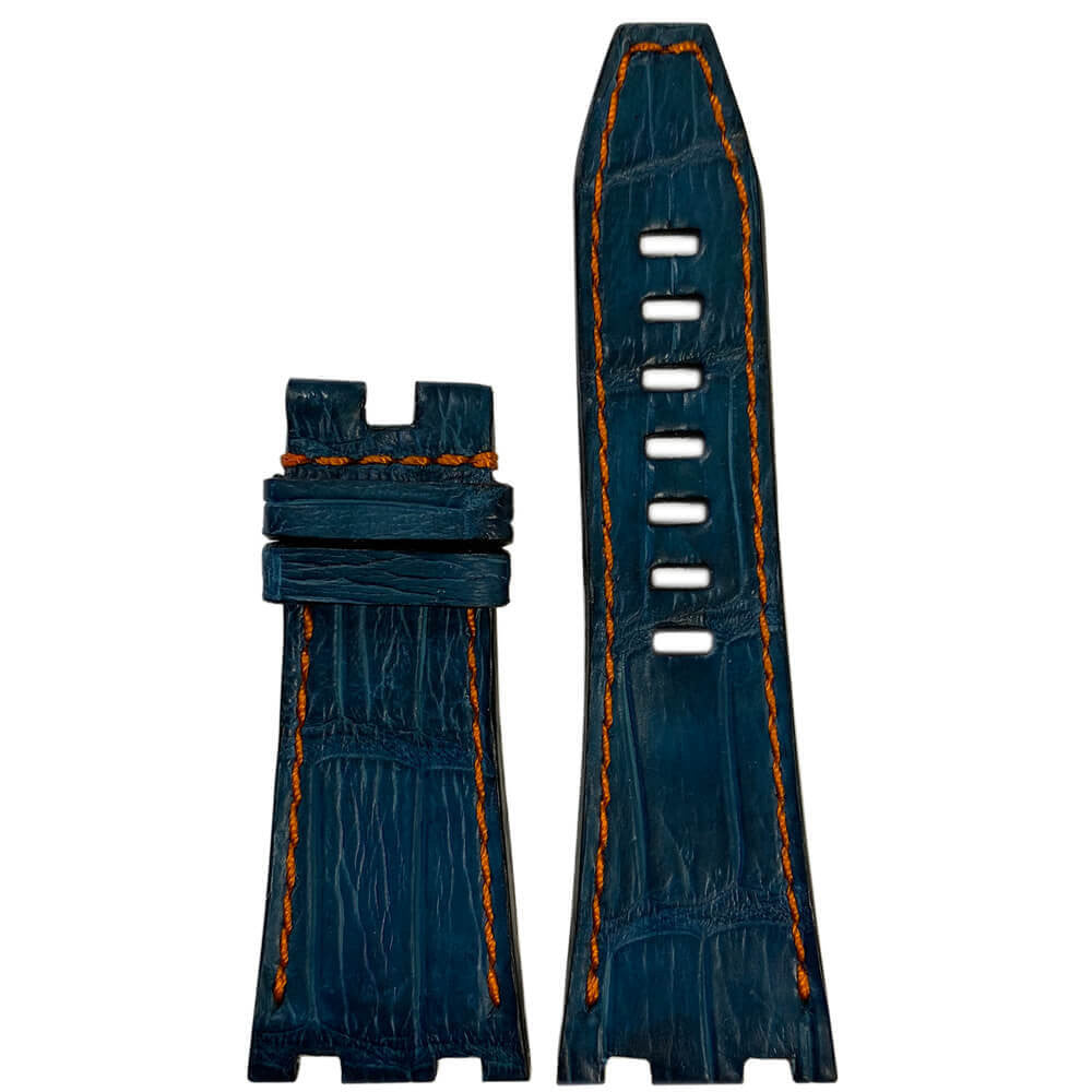 Genuine Alligator Watch Band | Navy | Orange Stitch | for 42MM AP Royal Oak Offshore (Deploy Buckle)