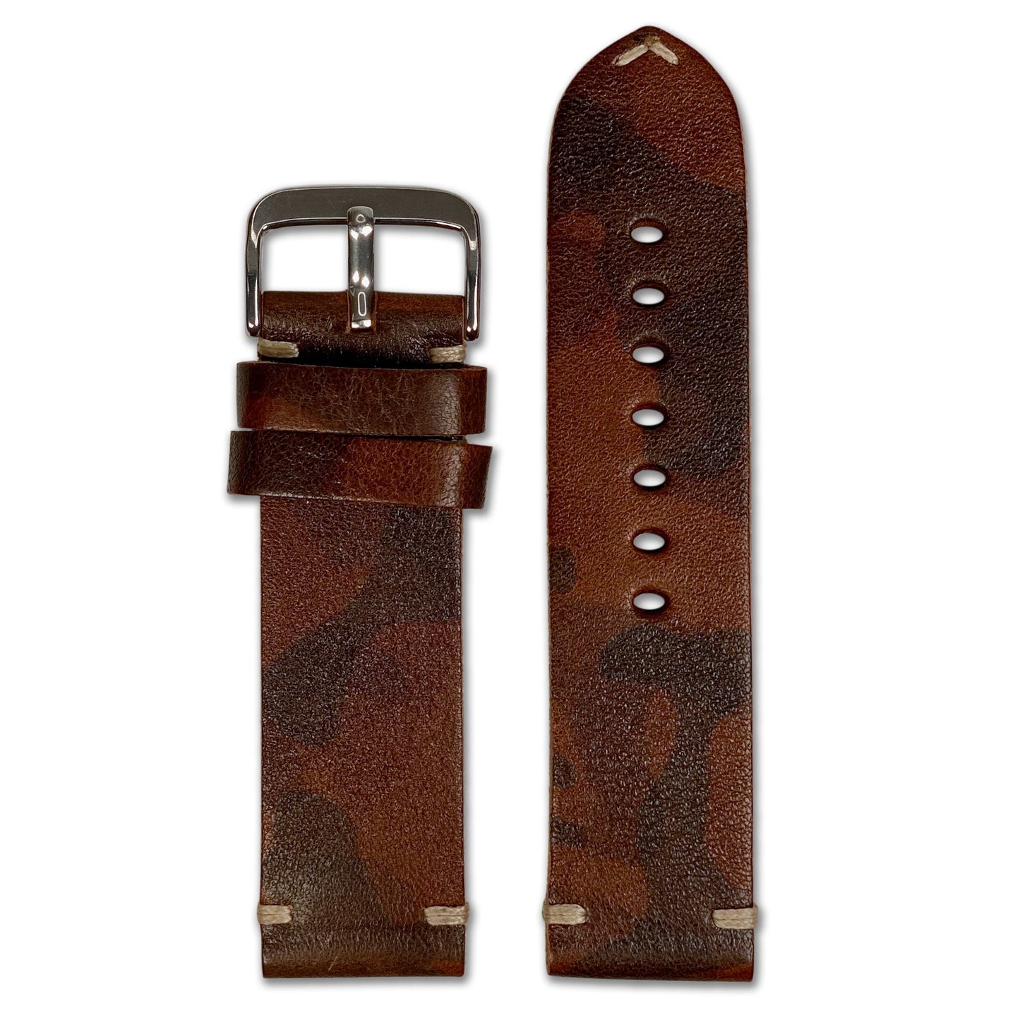 Vintage Leather Watch Band | Brown Camouflage | Minimal Stitch