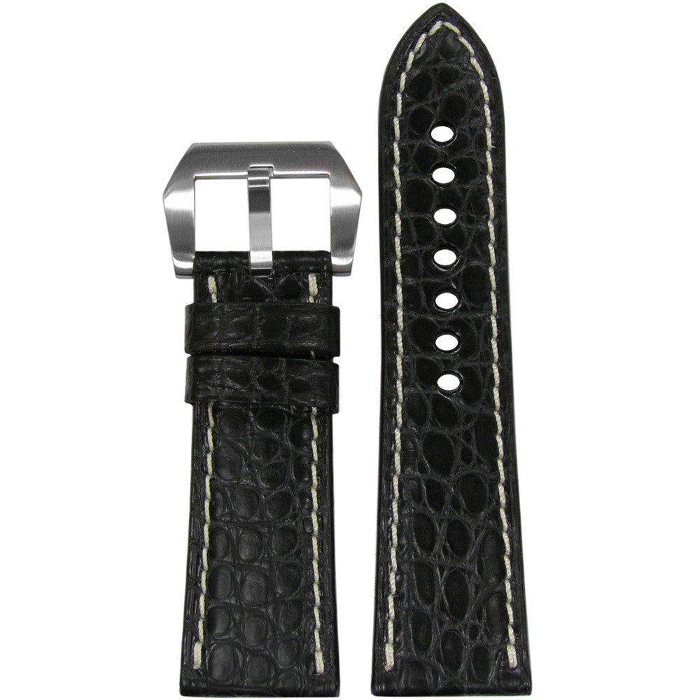 Genuine Alligator Watch Band | Matte | Black | White Stitch | For Panerai Radiomir