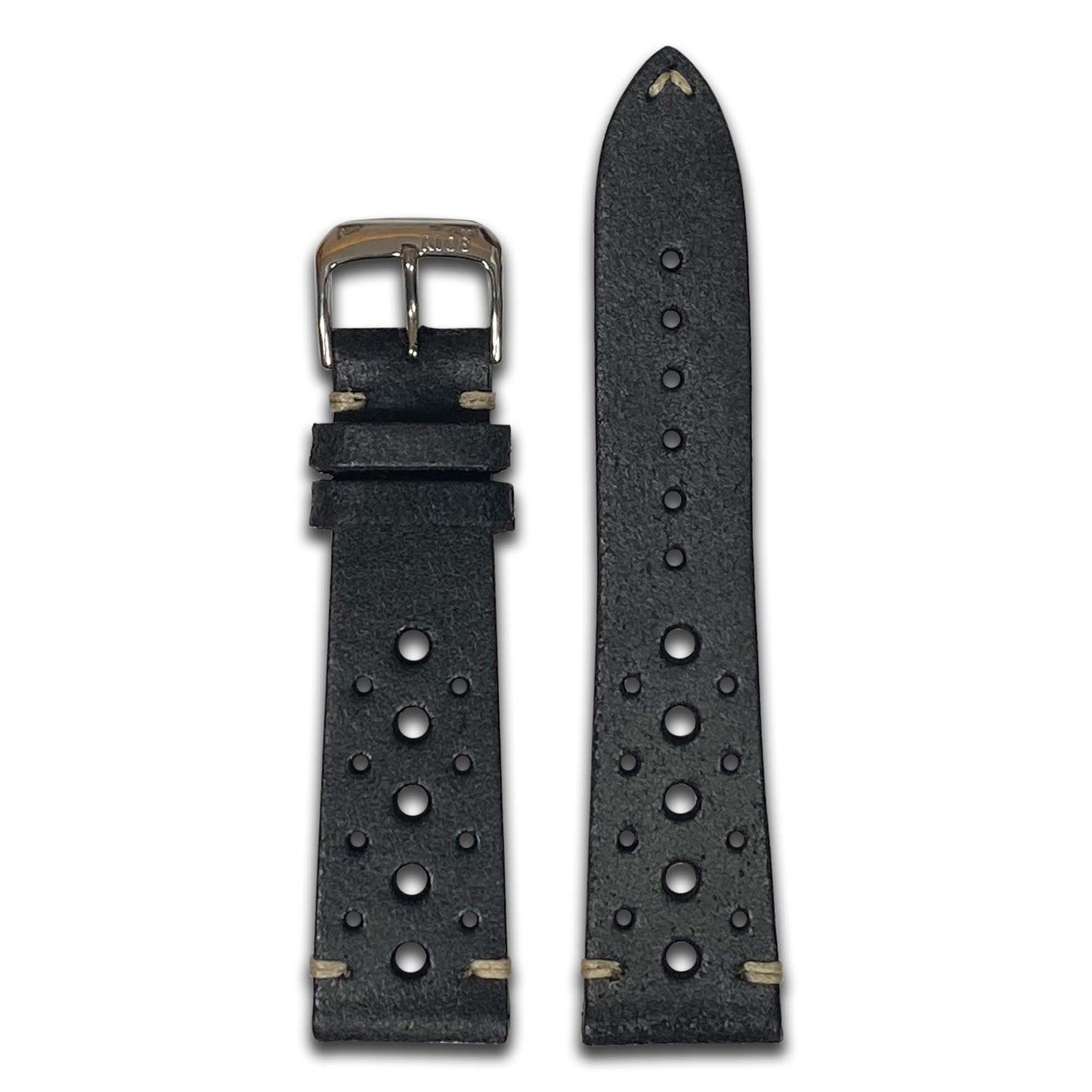 Vintage Leather Watch Band | Racing Holes | Black | Cream White Stitch