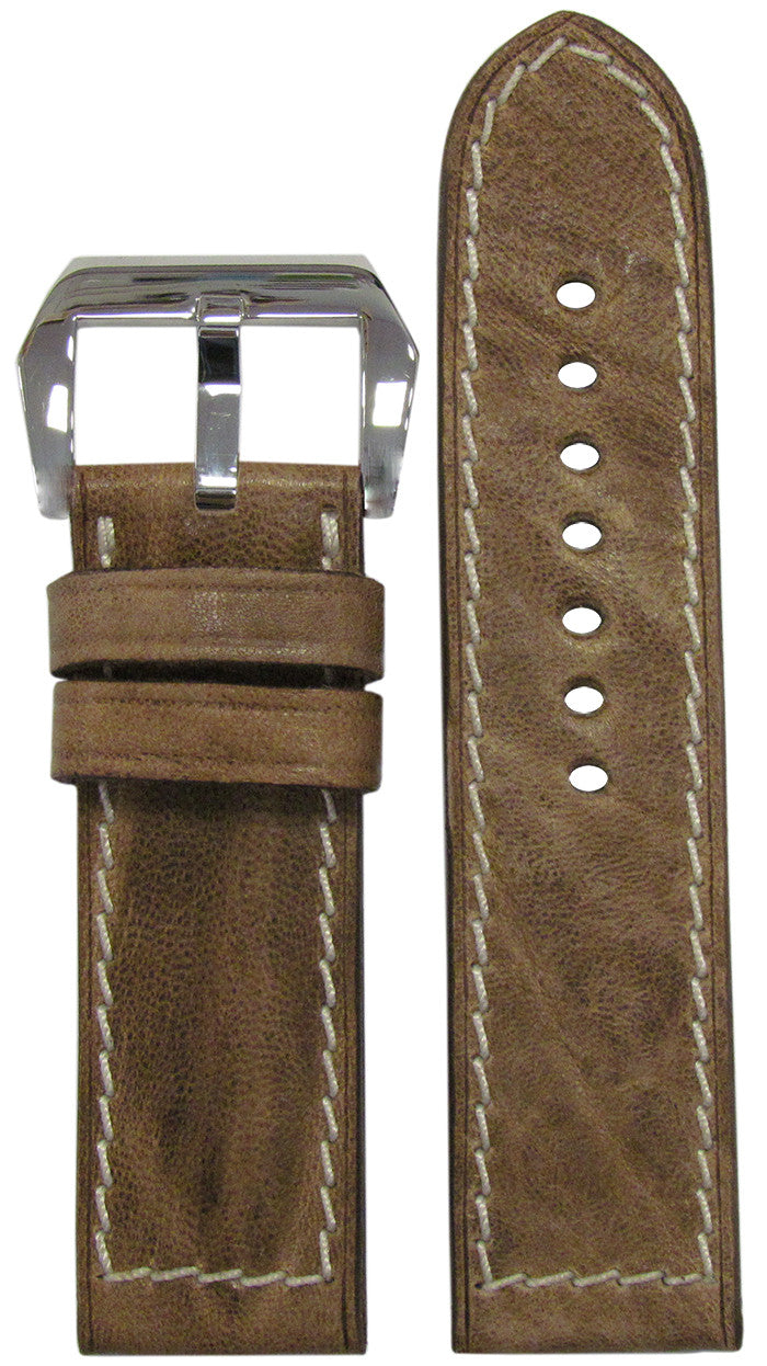 Vintage Leather Watch Band | Flat | Natural | White Hand-Stitch