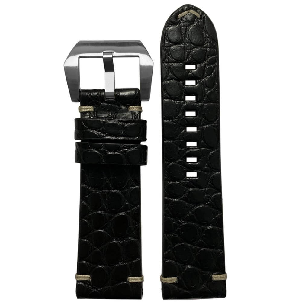 Alligator Watch Band | Flank Cut | Flat | Black | Minimal Stitch