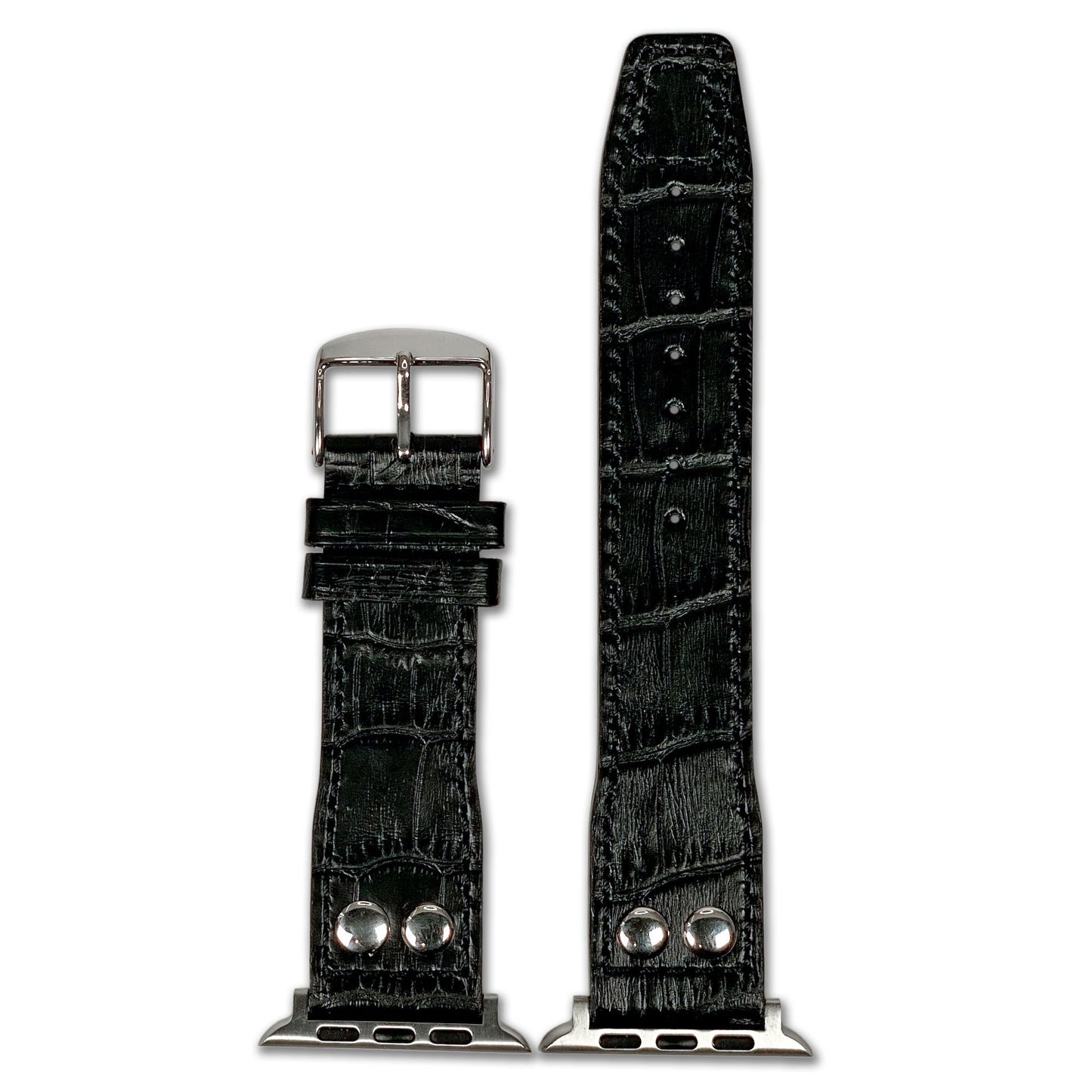 Apple Watch | Embossed Leather "Gator" Pilot Style Watch Band | Black | Match Stitching