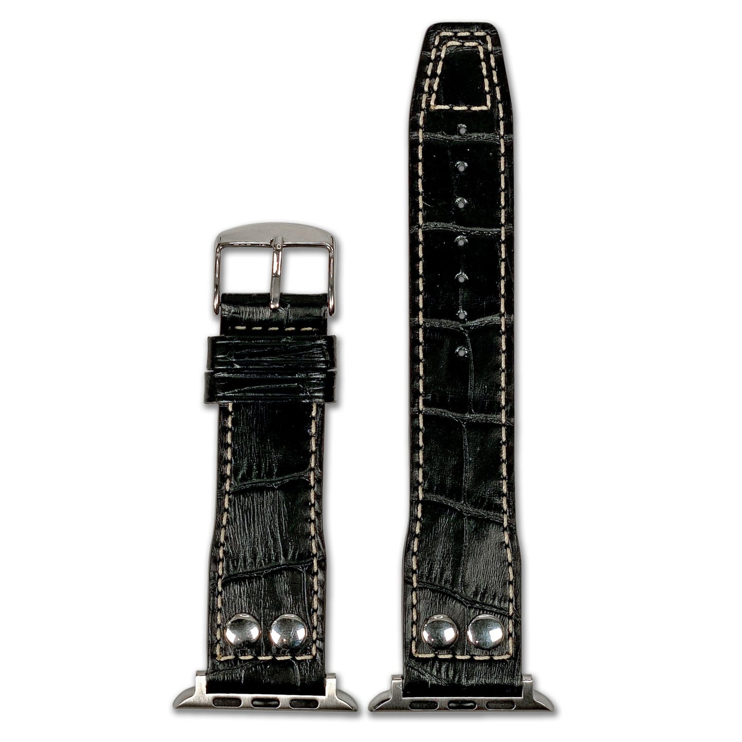 Apple Watch | Embossed Leather "Gator" Pilot Style Watch Band | Black | White Stitching