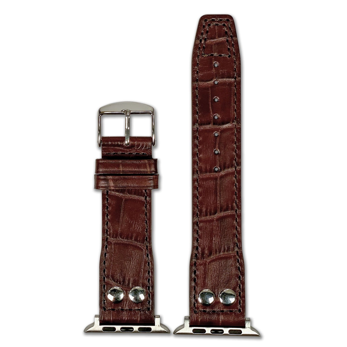 Apple Watch | Embossed Leather "Gator" Pilot Style Watch Band | Dark Brown | Match Stitching