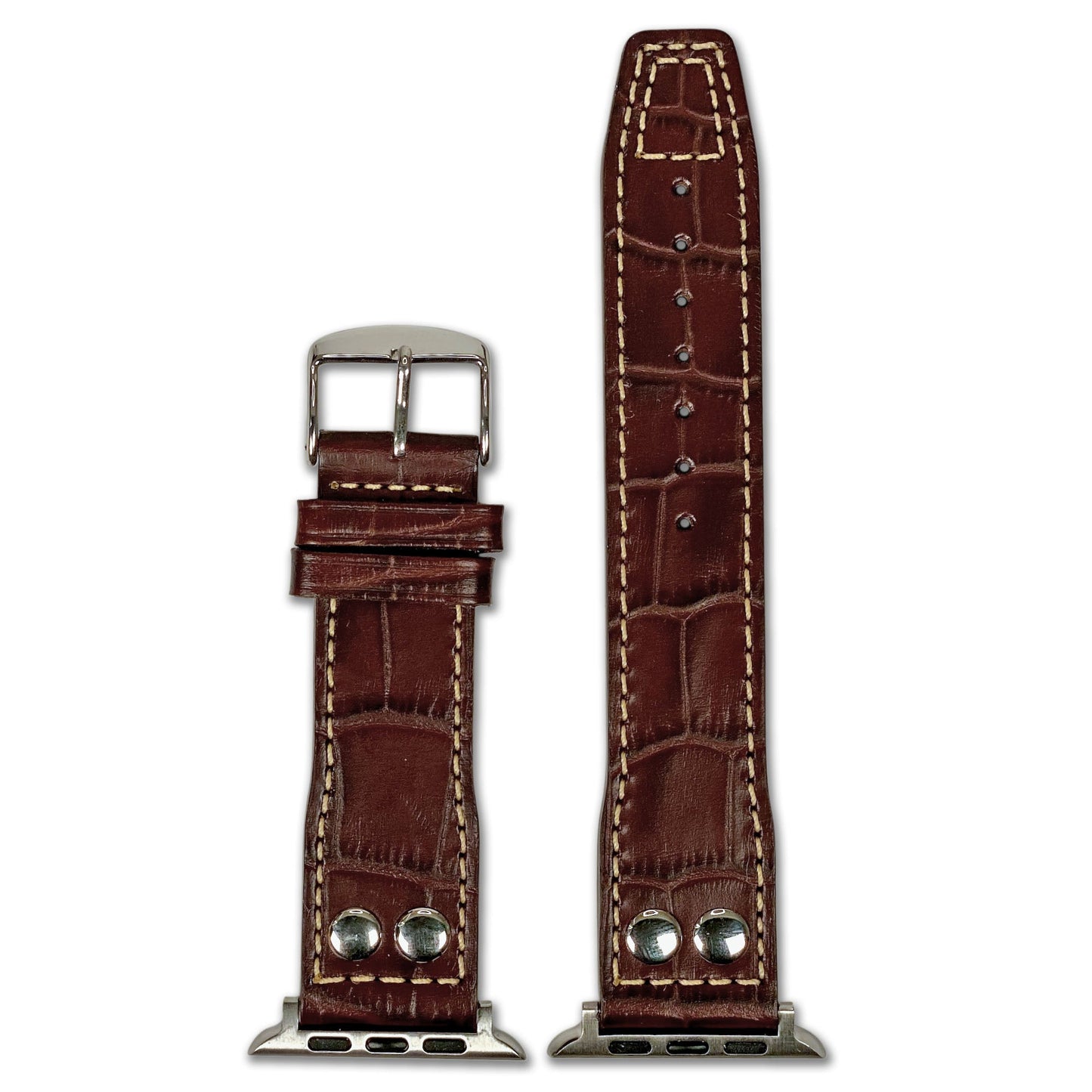 Apple Watch | Embossed Leather "Gator" Pilot Style Watch Band | Dark Brown | White Stitching