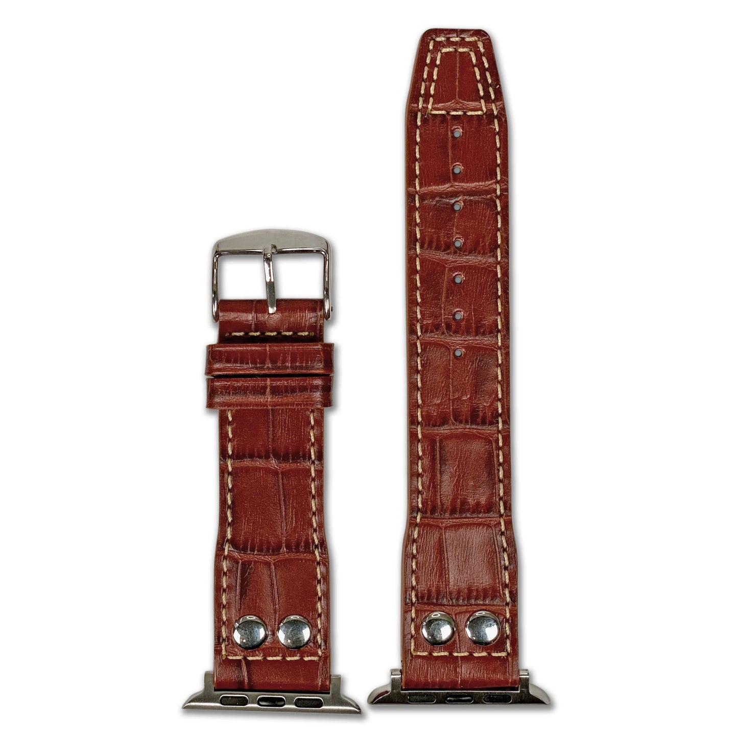 Apple Watch | Embossed Leather "Gator" Pilot Style Watch Band | Medium Brown | White Stitching