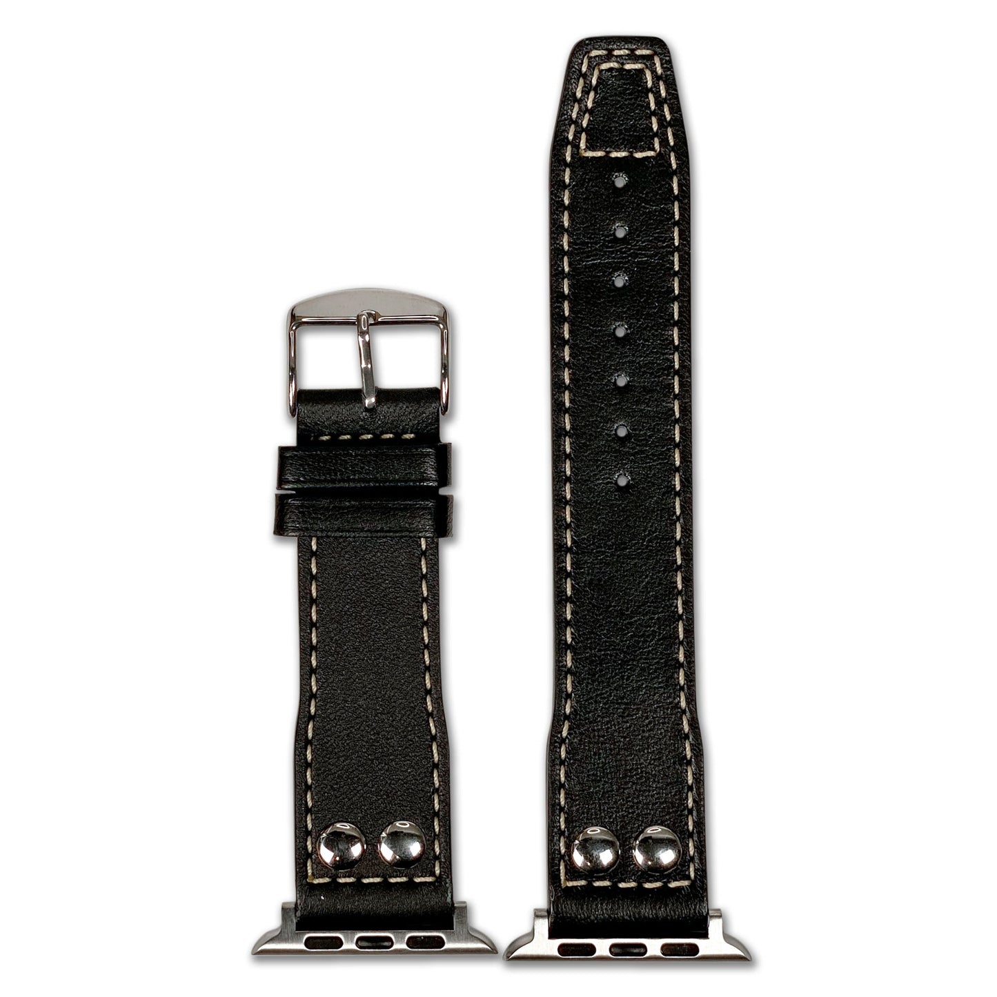 Apple Watch | Calf Leather Pilot Style Watch Band | Black | White Stitch