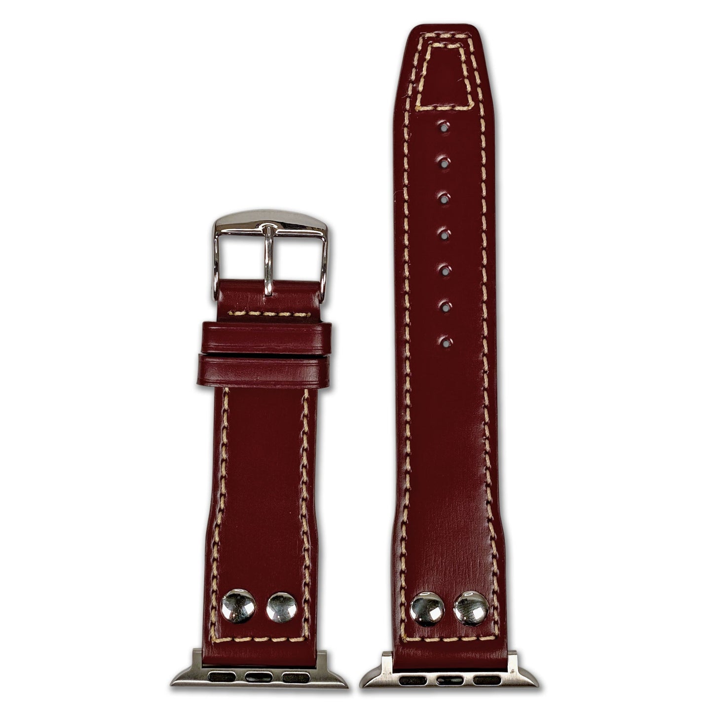 Apple Watch | Calf Leather Pilot Style Watch Band | Burgundy | White Stitch