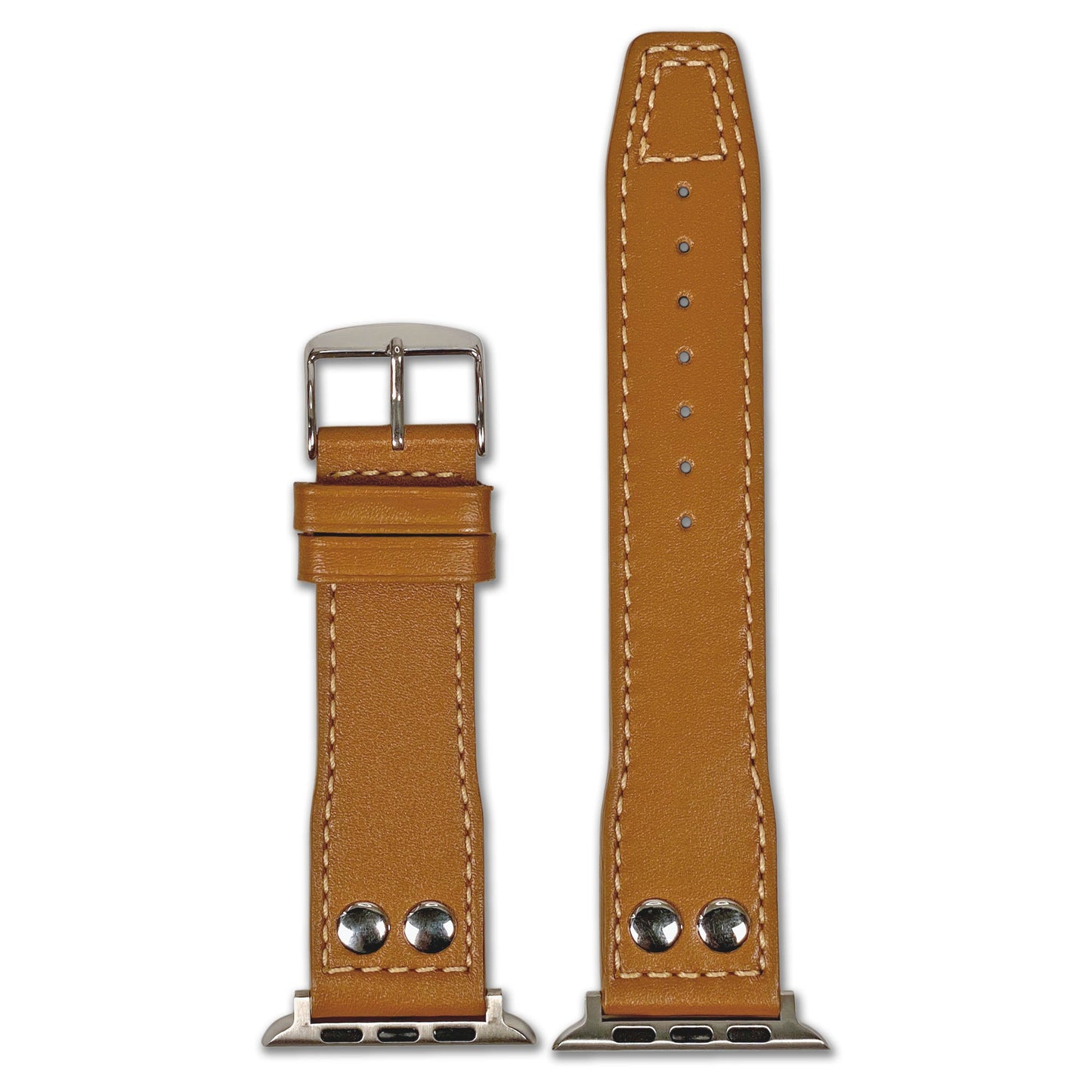 Apple Watch | Calf Leather Pilot Style Watch Band | Golden Brown | White Stitch