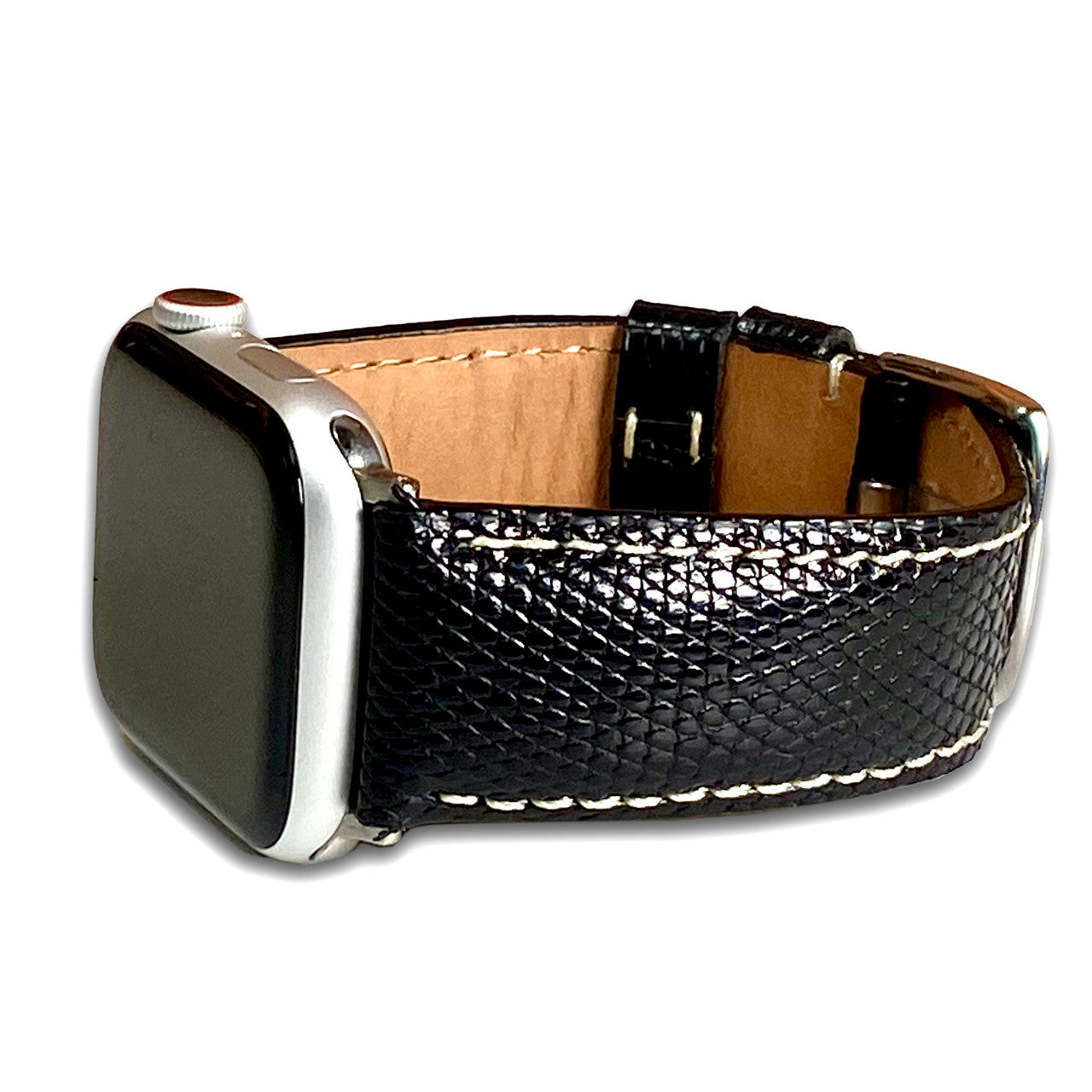 Apple Watch | Semi-Gloss Genuine Lizard Watch Band | Classic | Black | White Stitch