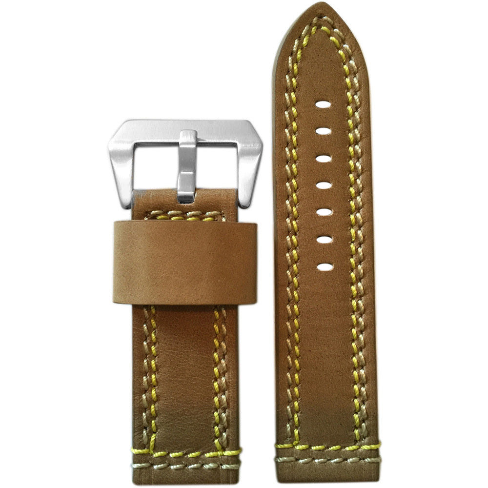 Soft Vintage Leather "Arrow" Watch Band | Light Brown | Yellow and White Stitch