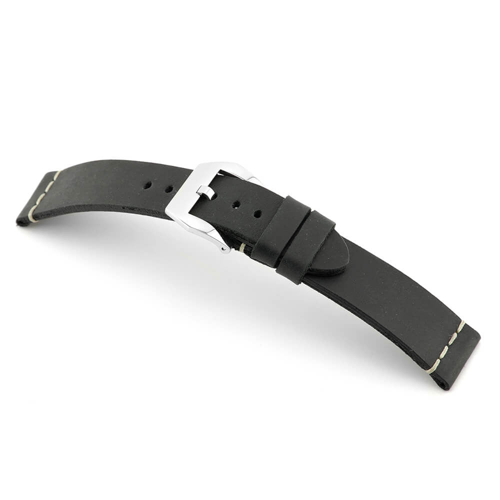 Genuine Vintage Leather Watch Band | Birmingham | Black | White Minimal Stitch