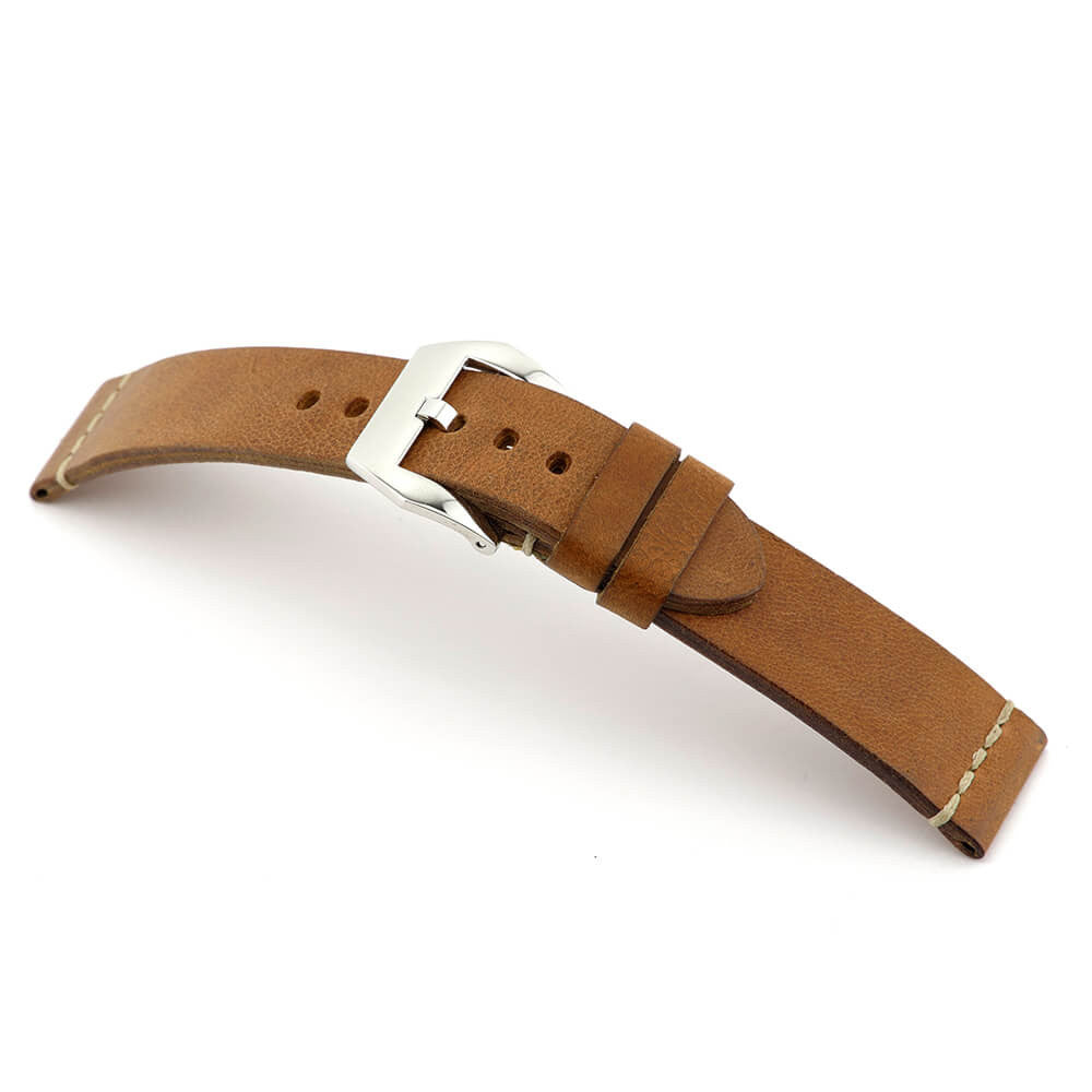 Genuine Vintage Leather Watch Band | Birmingham | Cognac | White Minimal Stitch