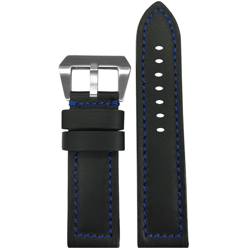 Black 190 Soft Calf Leather Watch Band | Flat | Blue Stitch