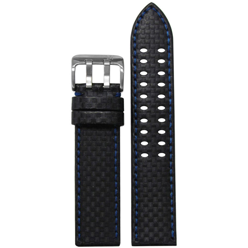 Black Carbon Fiber Style Watch Band | Blue Stitch | Stainless Steel Double Tang Buckle