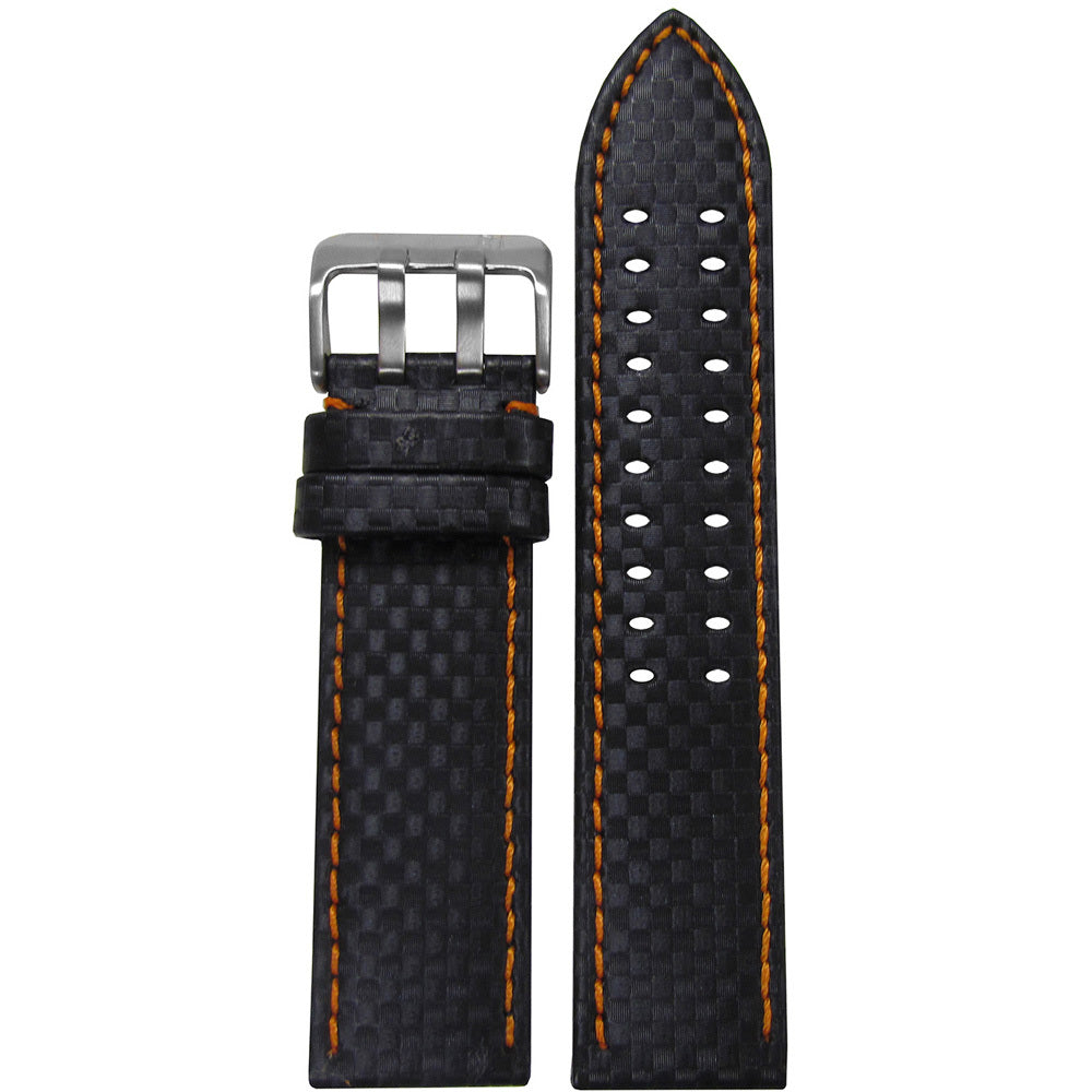 Black Carbon Fiber Style Watch Band | Orange Stitch | Stainless Steel Double Tang Buckle