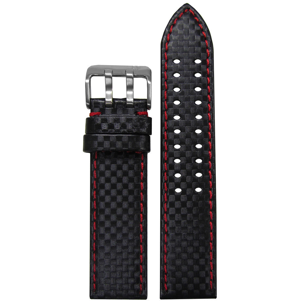 Black Carbon Fiber Style Watch Band | Red Stitch | Stainless Steel Double Tang Buckle