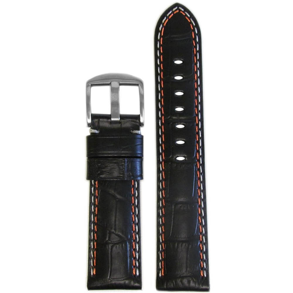 Black Embossed Leather Gator Print Watch Band | Padded | White and Orange Stitch + Lining
