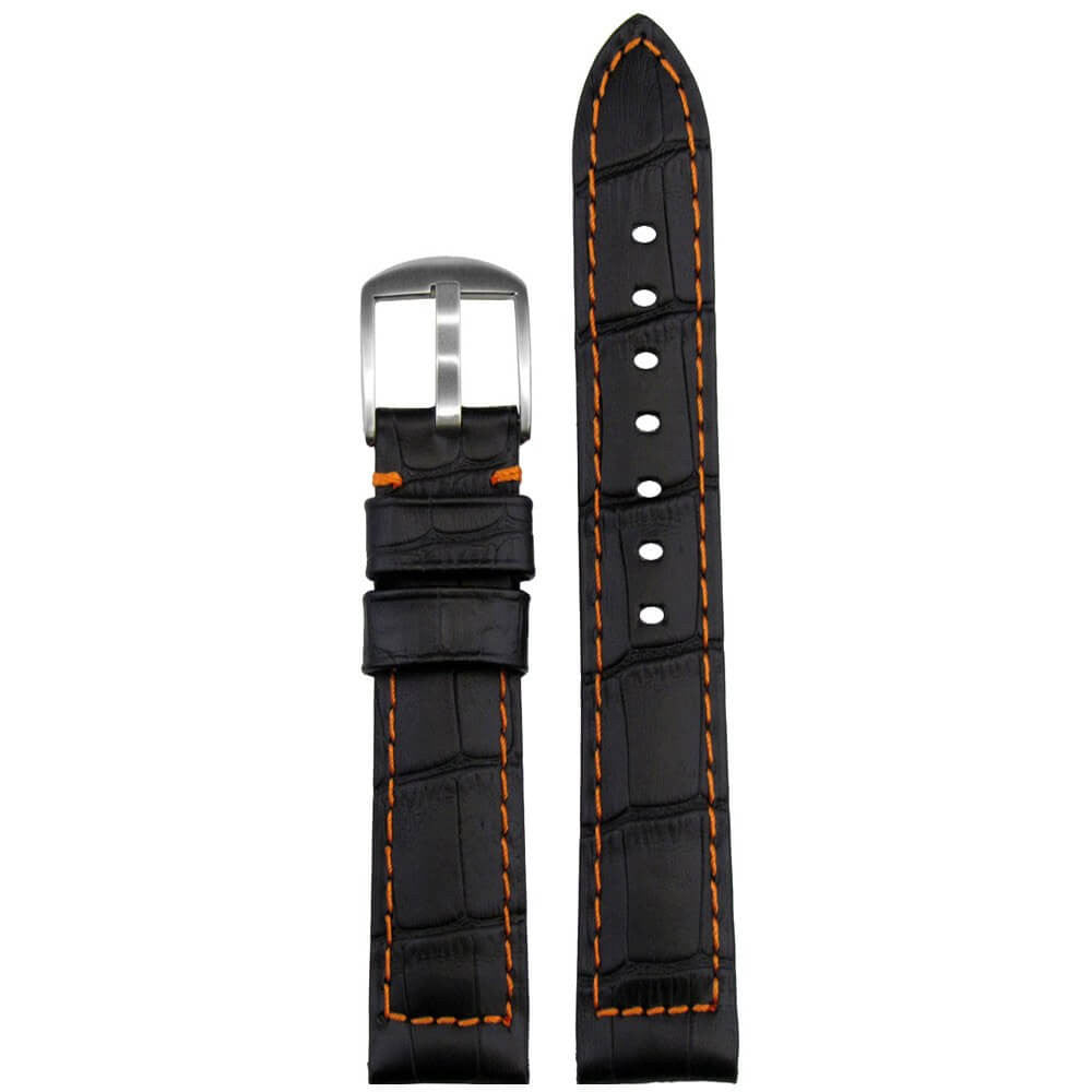 Black Embossed Leather Gator Print Watch Band | Padded | Orange Stitch + Lining