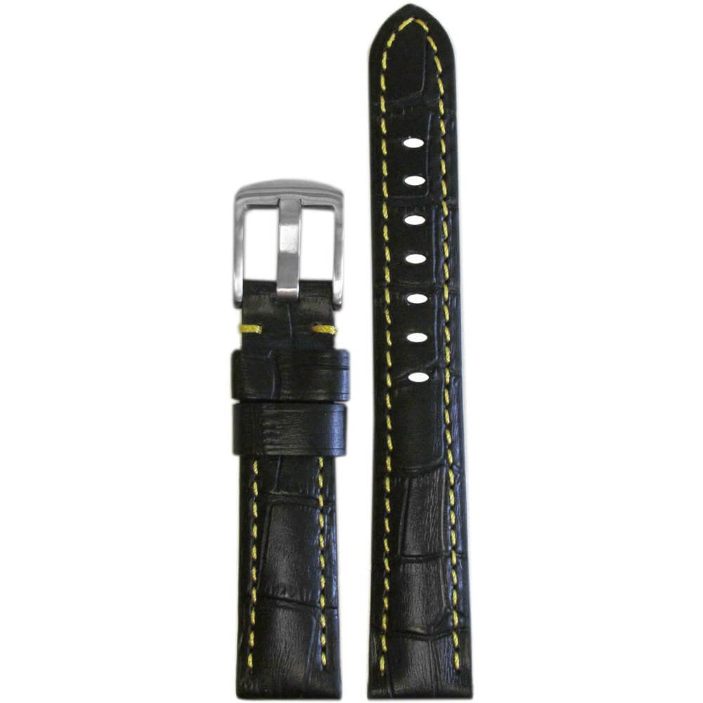 Black Embossed Leather Gator Print Watch Band | Padded | Yellow Stitch + Lining