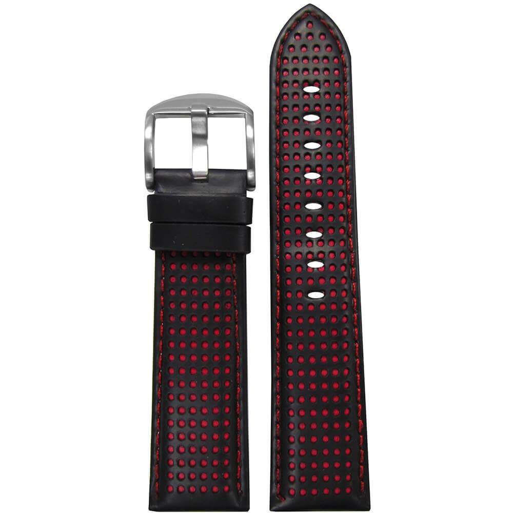 Black Perforated Leather Watch Band | Padded | Red Holes and Stitch