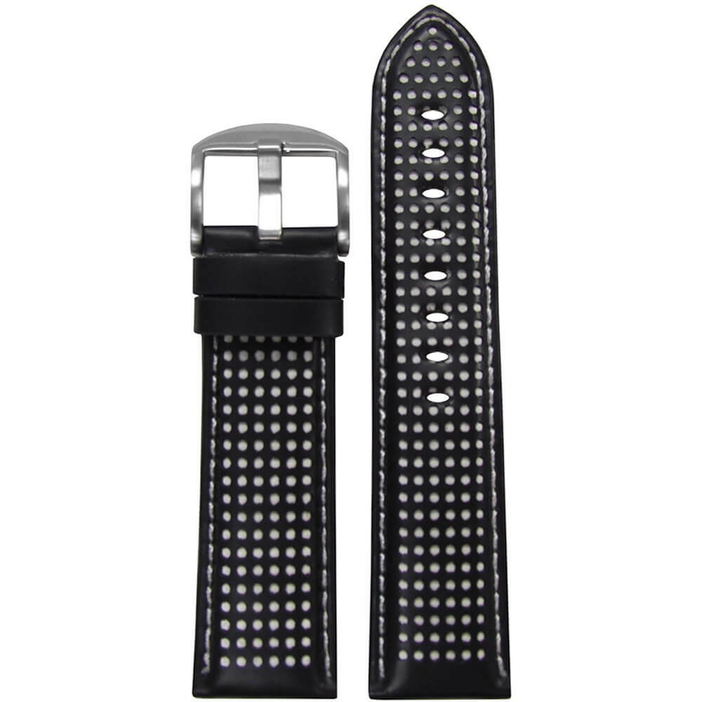 Black Perforated Leather Watch Band | Padded | White Holes and Stitch