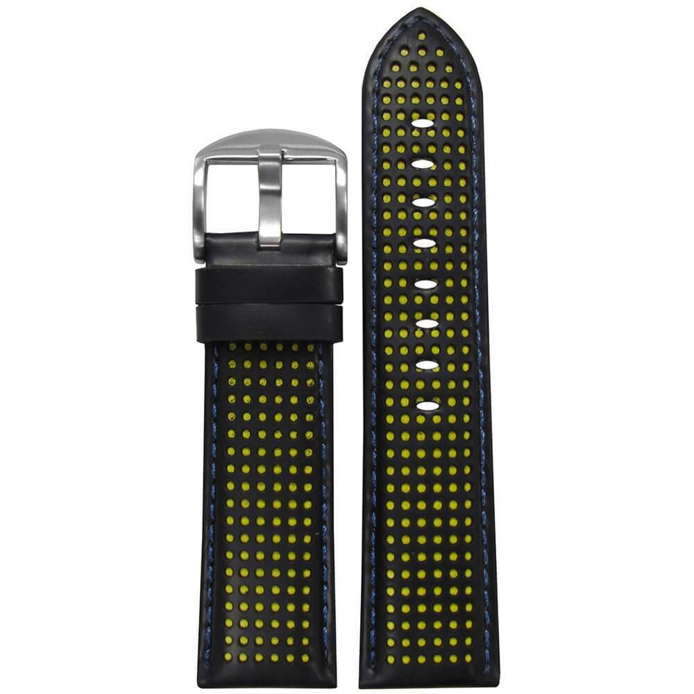 Black Perforated Leather Watch Band | Padded | Yellow Holes and Stitch