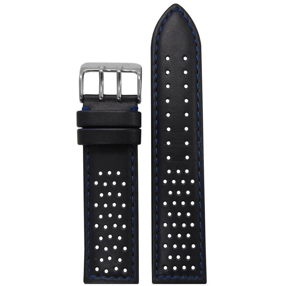 Black Perforated Leather Watch Band | Sport | Blue Stitch and Backing