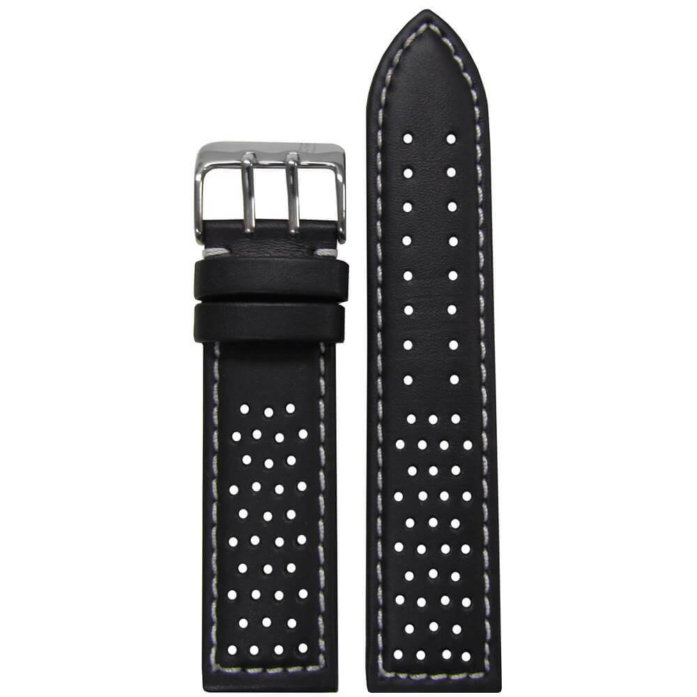Black Perforated Leather Watch Band | Sport | White Stitch and Backing