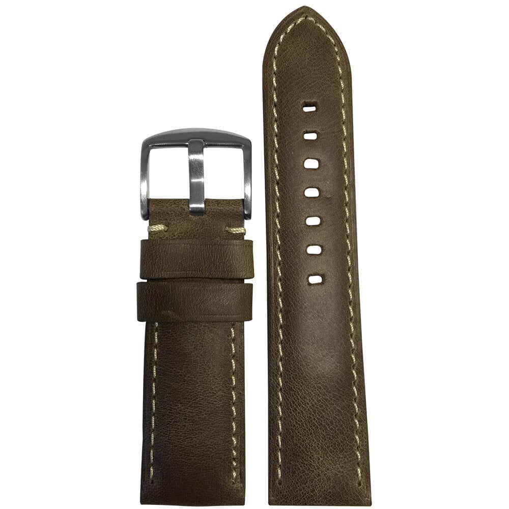 Distressed Vintage Leather Watch Band | Padded | Brown | White Stitch