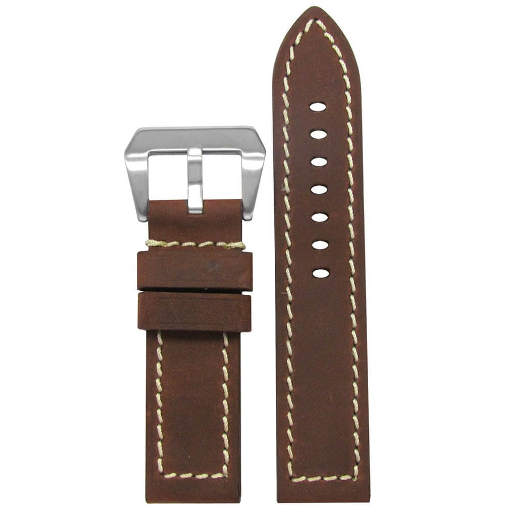 Natural Vintage Leather Watch Band | Flat | Brown | White Stitch