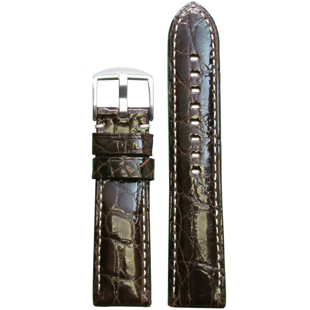 Genuine Crocodile Skin Watch Band | Padded | Glossy Finish | Dark Brown | White Stitch