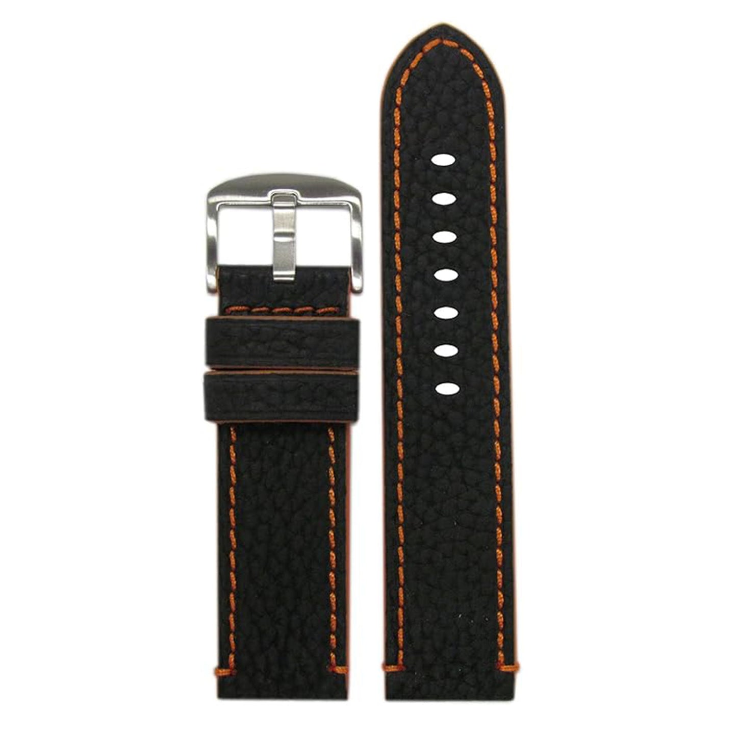 Genuine Crushed Leather Grain Watch Band | Black | Orange Stitching