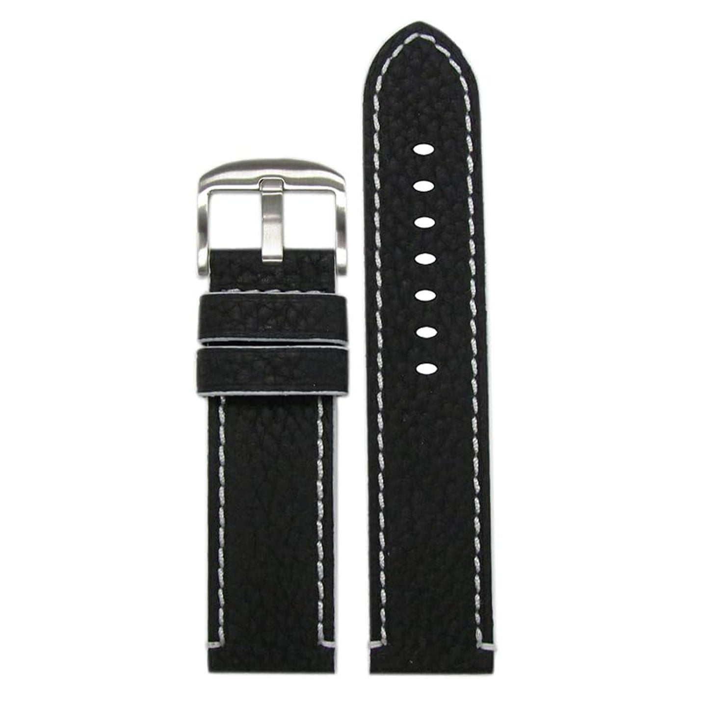 Genuine Crushed Leather Grain Watch Band | Black | White Stitching