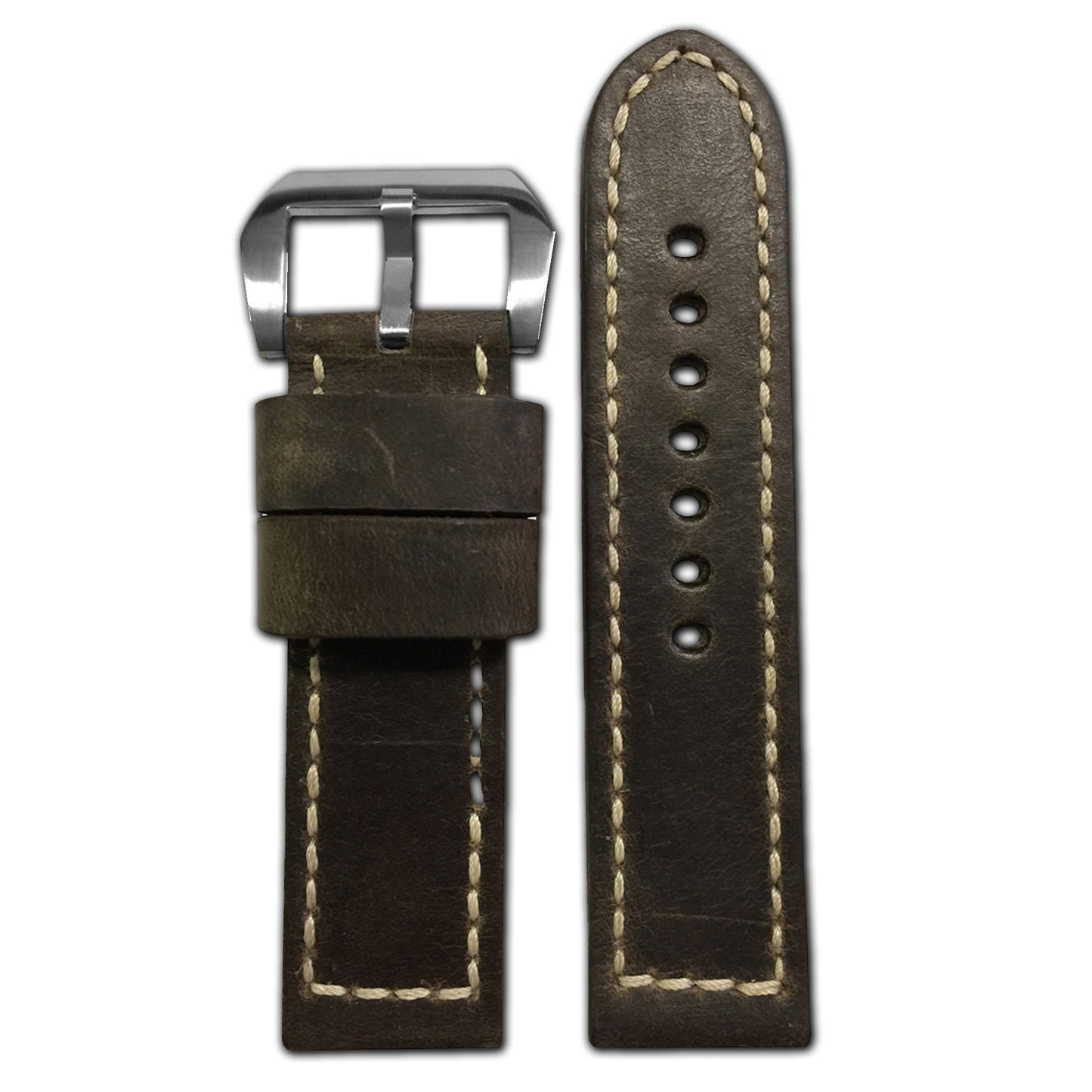 Distressed Vintage Leather Watch Band | Deep Brown | White Box Stitch