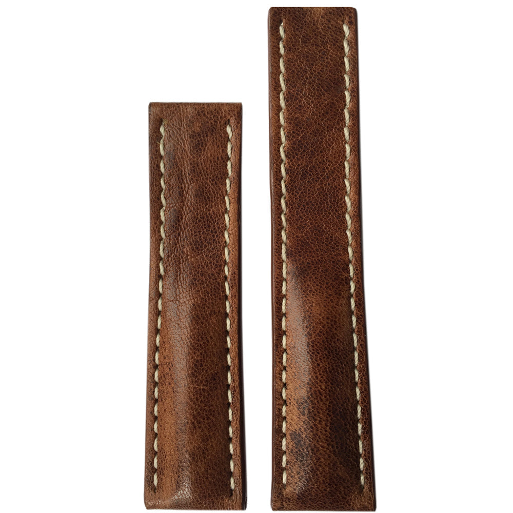 Distressed Vintage Leather Watch Band | Burnt Chestnut | White Stitch | For Breitling Deploy
