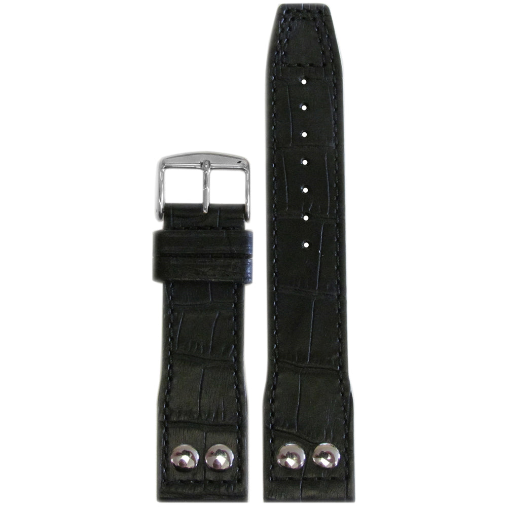 Embossed Leather "Gator" Pilot Style Watch Band | Black | Match Stitching | IWC Style