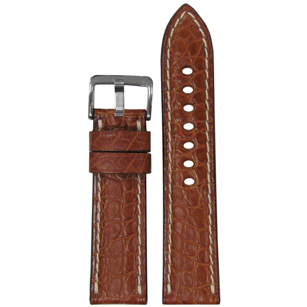 Genuine Alligator Watch Band | Padded | Flank Cut | Cognac | White Stitch