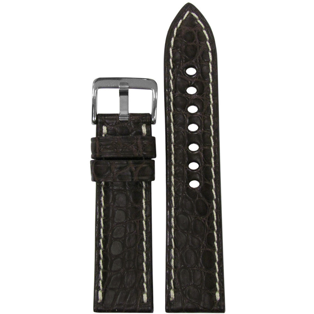 Genuine Alligator Watch Band | Padded | Flank Cut | Mocha | White Stitch