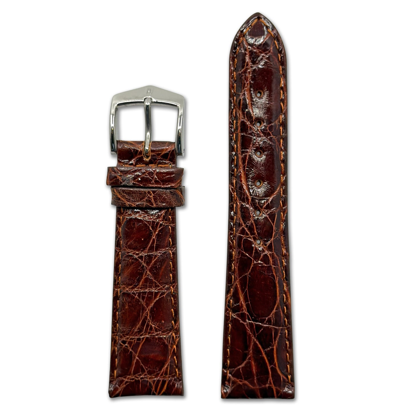 Genuine Crocodile Watch Band | Handmade | Glossy Finish | Golden Brown | Match Stitch