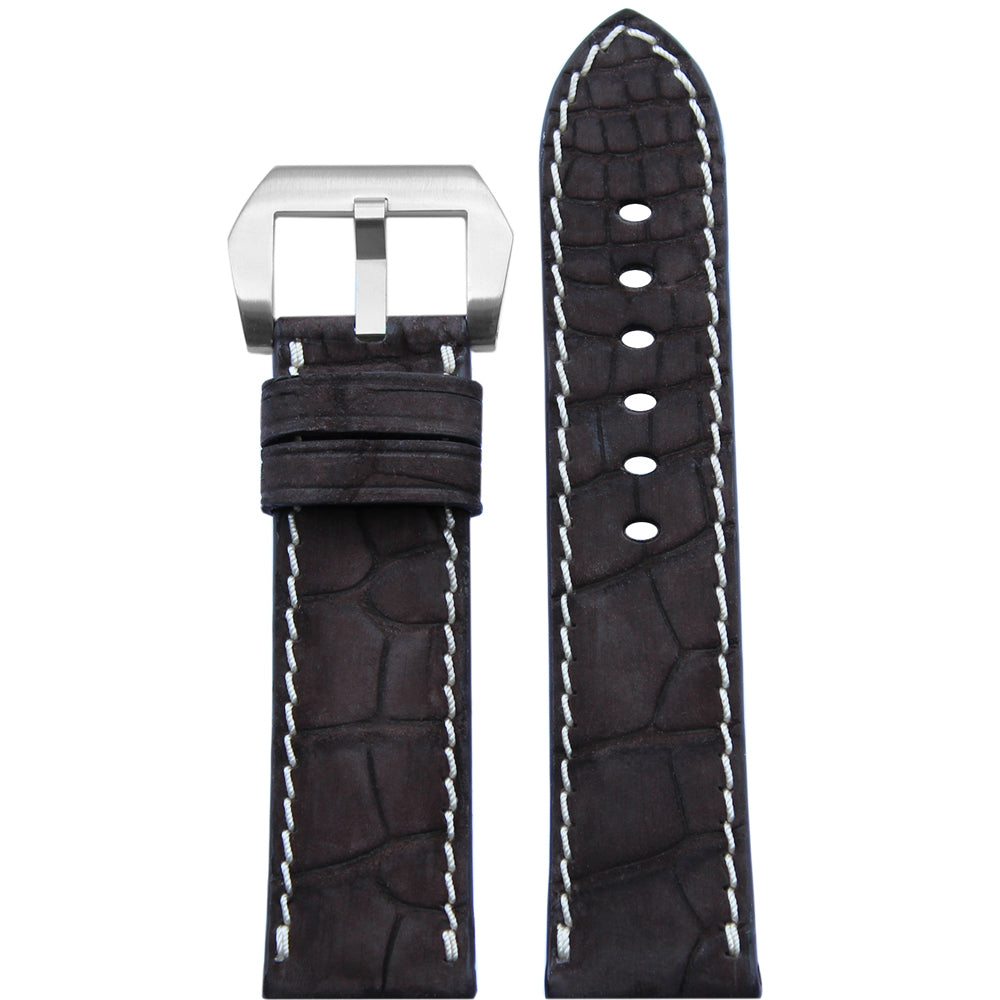 Genuine Nubuk Alligator Watch Band | Padded | Mocha | White Hand Stitch